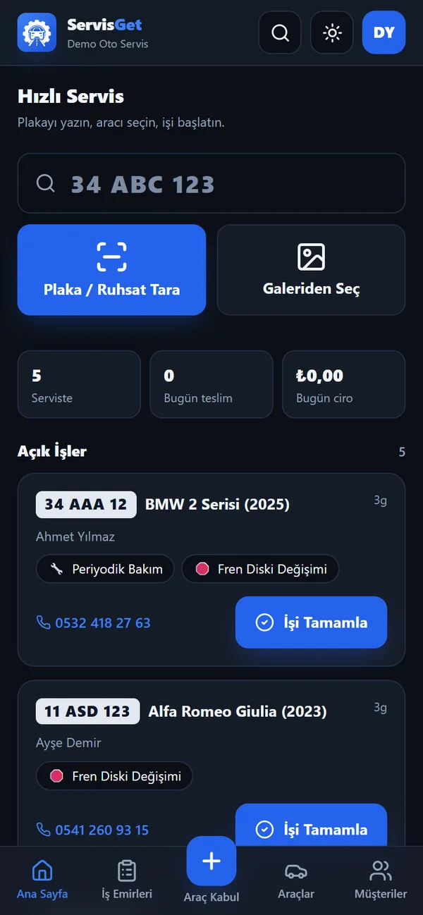 ServisGet ana ekranı: plaka arama, ruhsat tarama ve açık işler